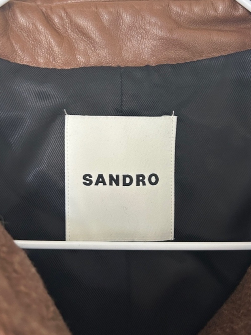 Sandro King Cropped Wool Twill Jacket Leather Collar - Picture 13 of 13